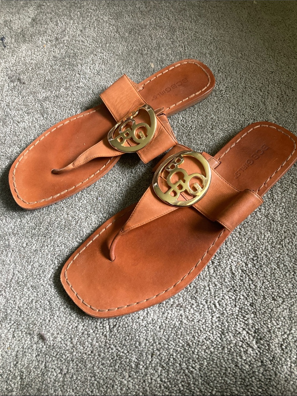 BCBGirls Tan Leather Thong Sandals with Gold Logo